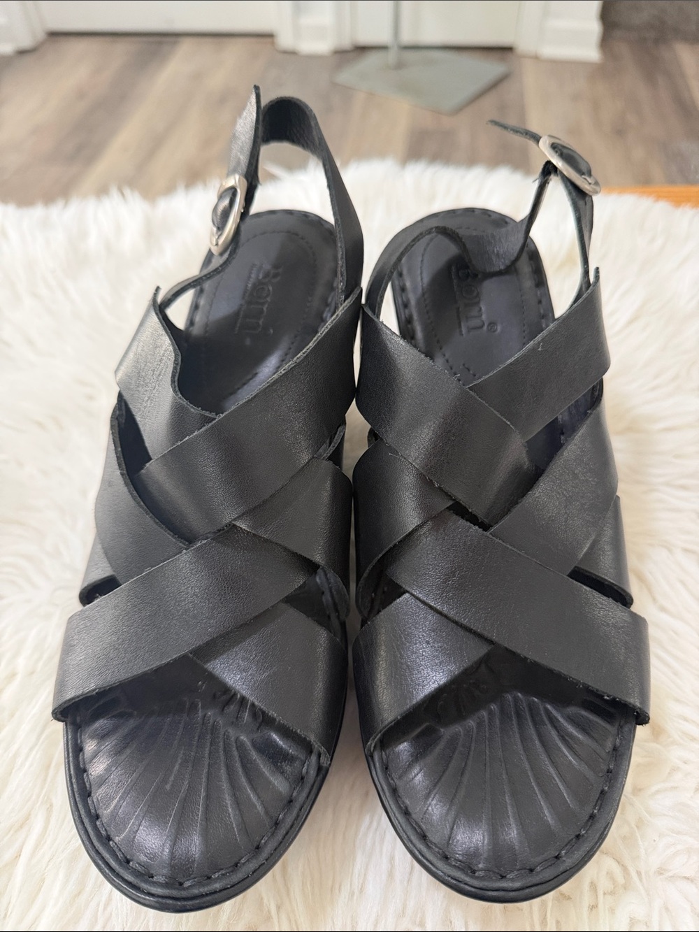 Born Black Leather Crisscross Slingback Sandals Size 9
